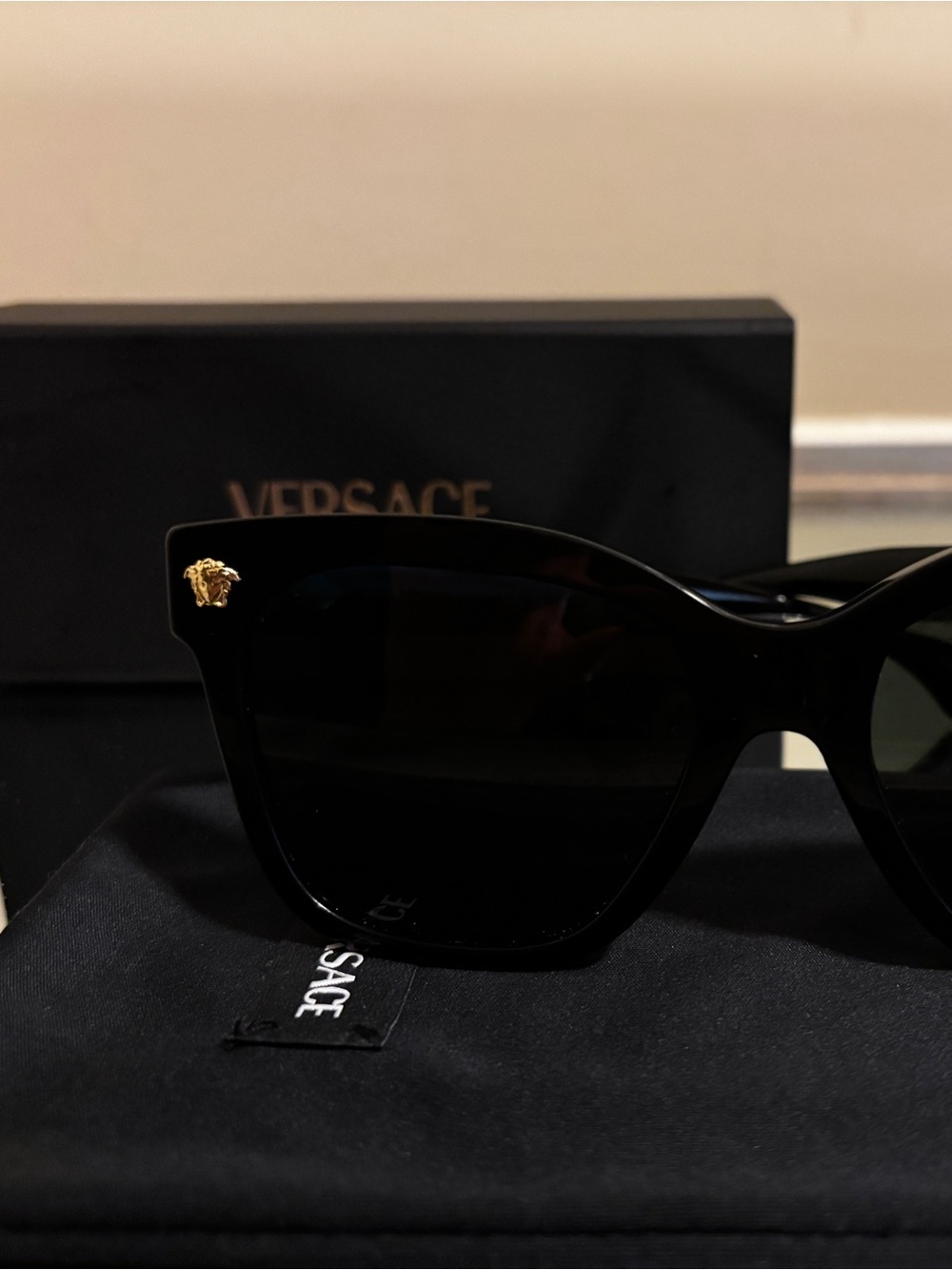 Versace Black Oversized Cat-Eye Sunglasses with Gold Medusa Accent